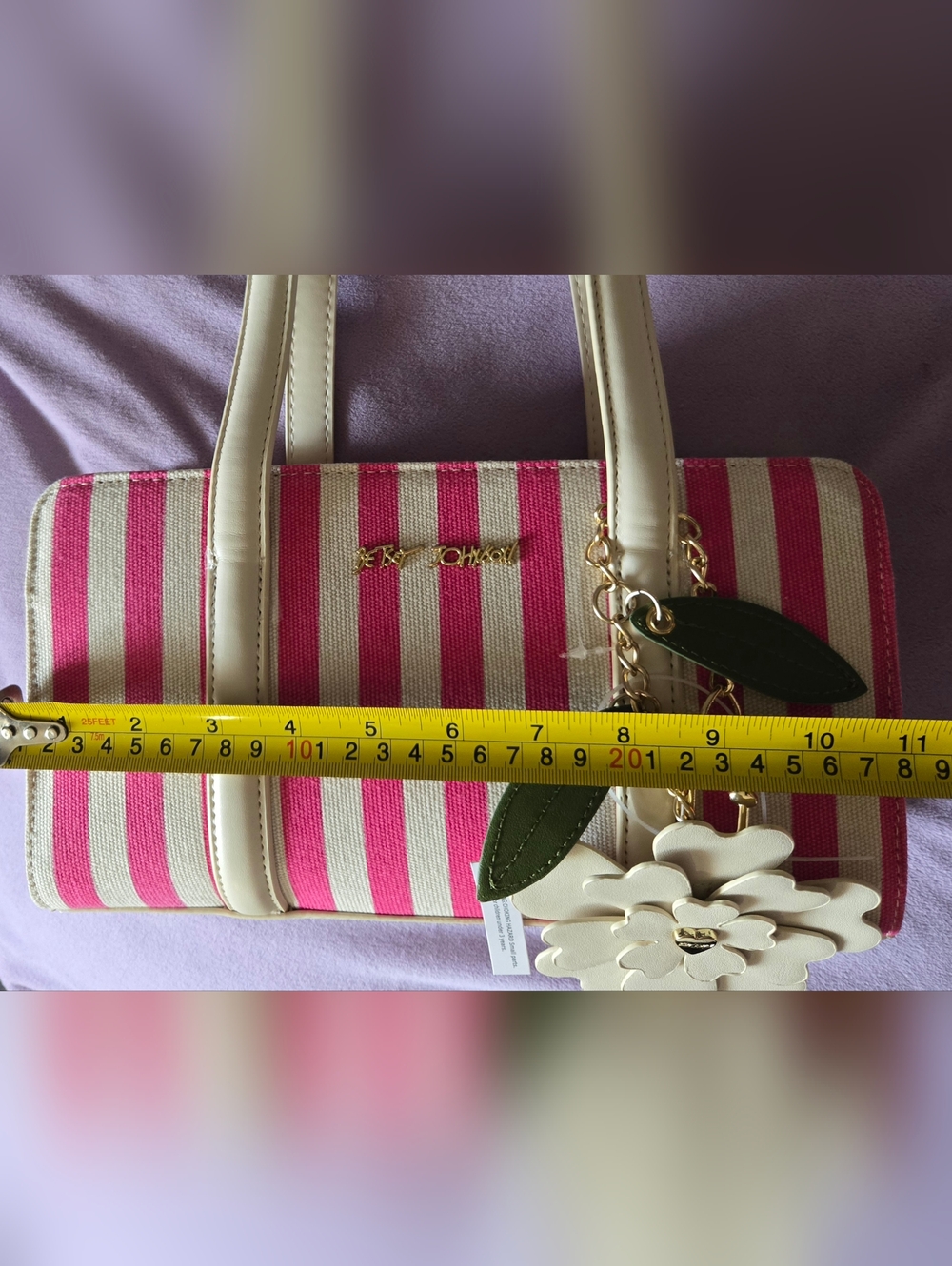 Betsey Johnson Pink and Cream Striped Purse with Floral Charm NWT - Picture 5 of 8